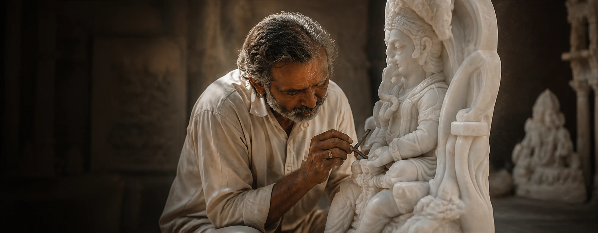 Artisan carving a marble statue