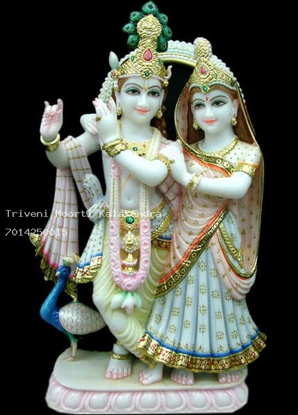 Colorful Radha Krishna Peacock Statue